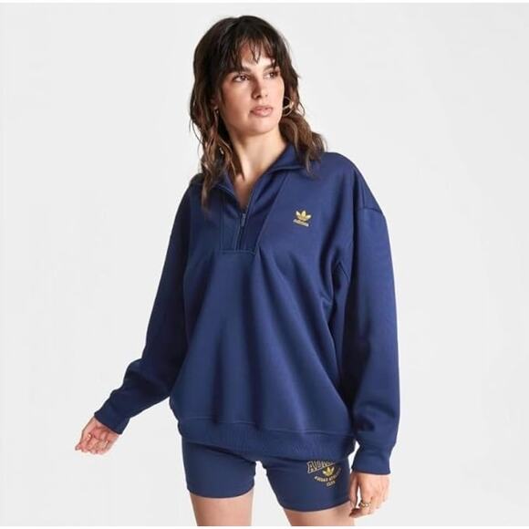 Adidas Originals Sweatshirt, Women's L-XL Blue, Adicolor Oversized Half Zip Crew - Picture 10 of 11
